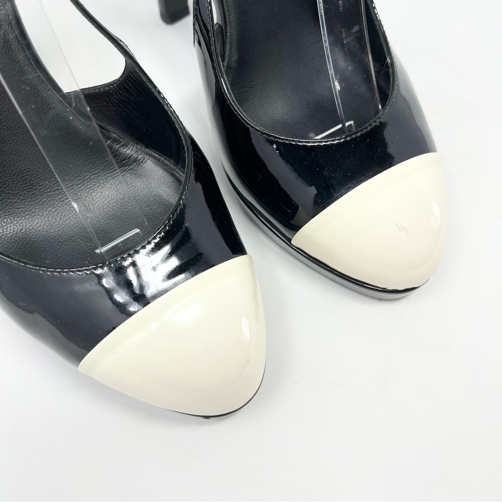 Chanel Black White Patent Leather Cap Toe Two Tone Slingback Heels Pumps 41 11 - Picture 5 of 11